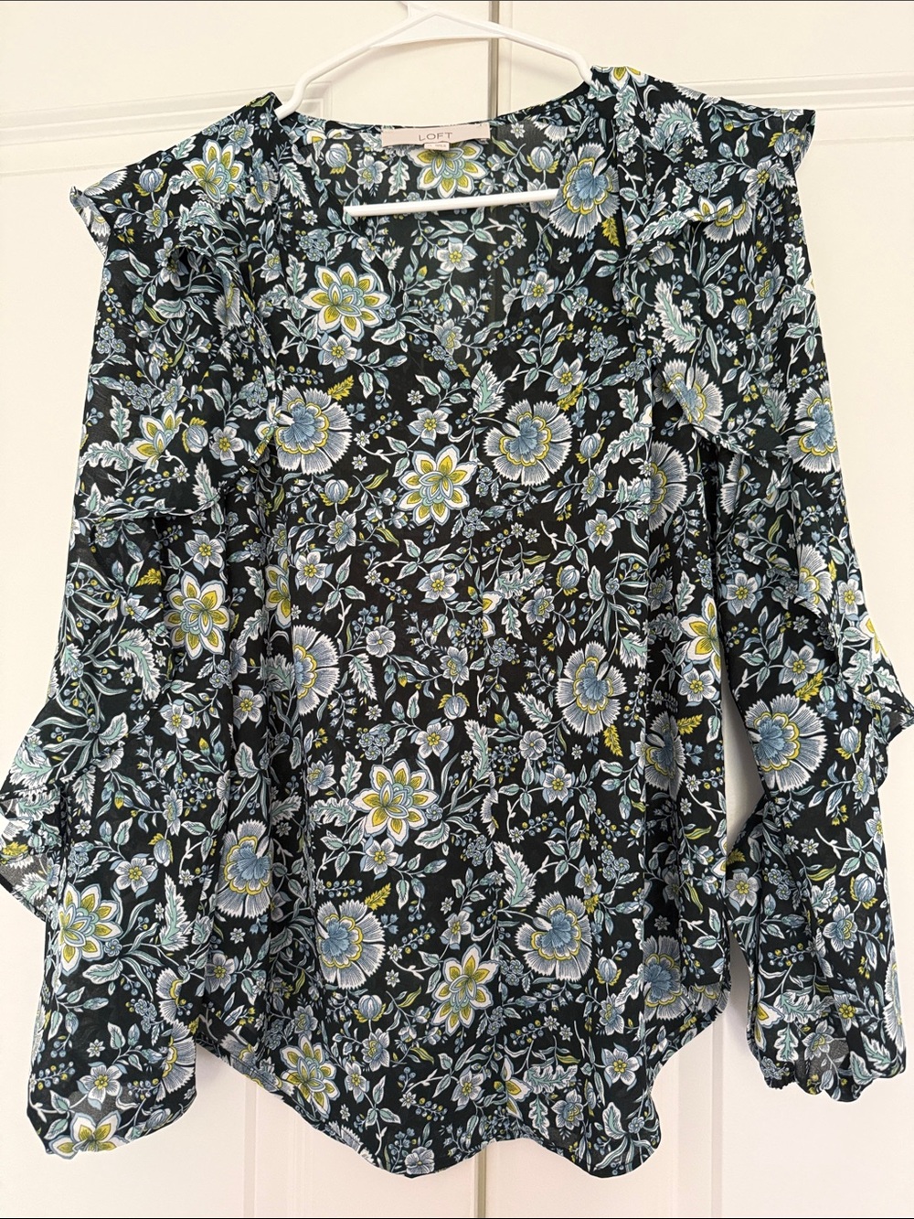 NWOT LOFT Black Floral Ruffle-Sleeve Blouse with Blue & Yellow Blooms